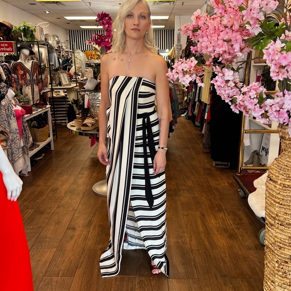 300 Halston Heritage Black & White Strapless Striped Gown NWT - Picture 9 of 15